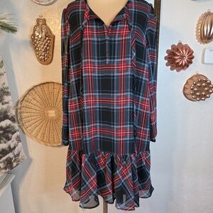 NWT Draper James Tartan Plaid Button-Up Shift Dress with Ruffle Hem